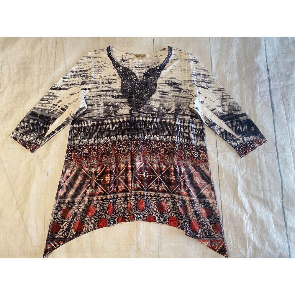 Energe Shirt Women 1X Teal Tunic‎ Top 3/4 Sleeves Crochet Beads